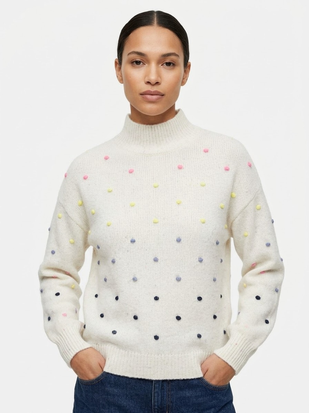 LOFT Womens Small Cream Ombre Polka Dot Mock Neck Knit Sweater Neon